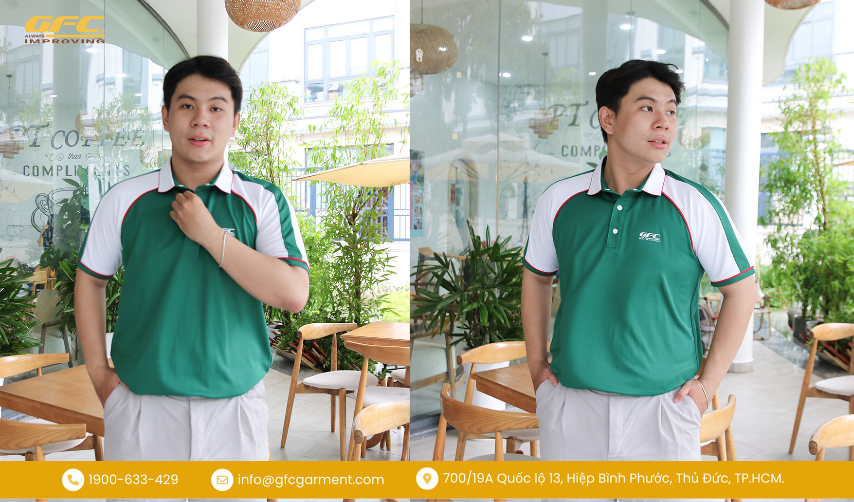 Mẫu áo polo đồng phục xanh phối trắng tại GFC Garment
