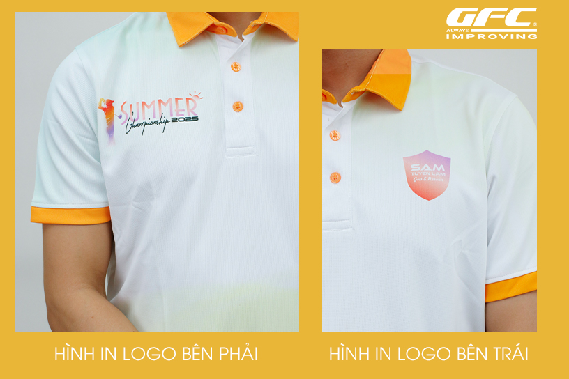 Cận cảnh hai vị trí in logo Summer Championship 2025 và SAM Tuyền Lâm ở ngực áo, thiết kế sắc nét, in chuyển nhiệt trên nền vải trắng phối cam.