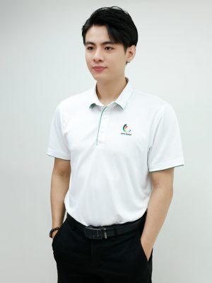 Mẫu áo polo đồng phục Sài Gòn Xanh màu trắng phối viền xanh, form dáng chuẩn, chất liệu Nigo207 cao cấp