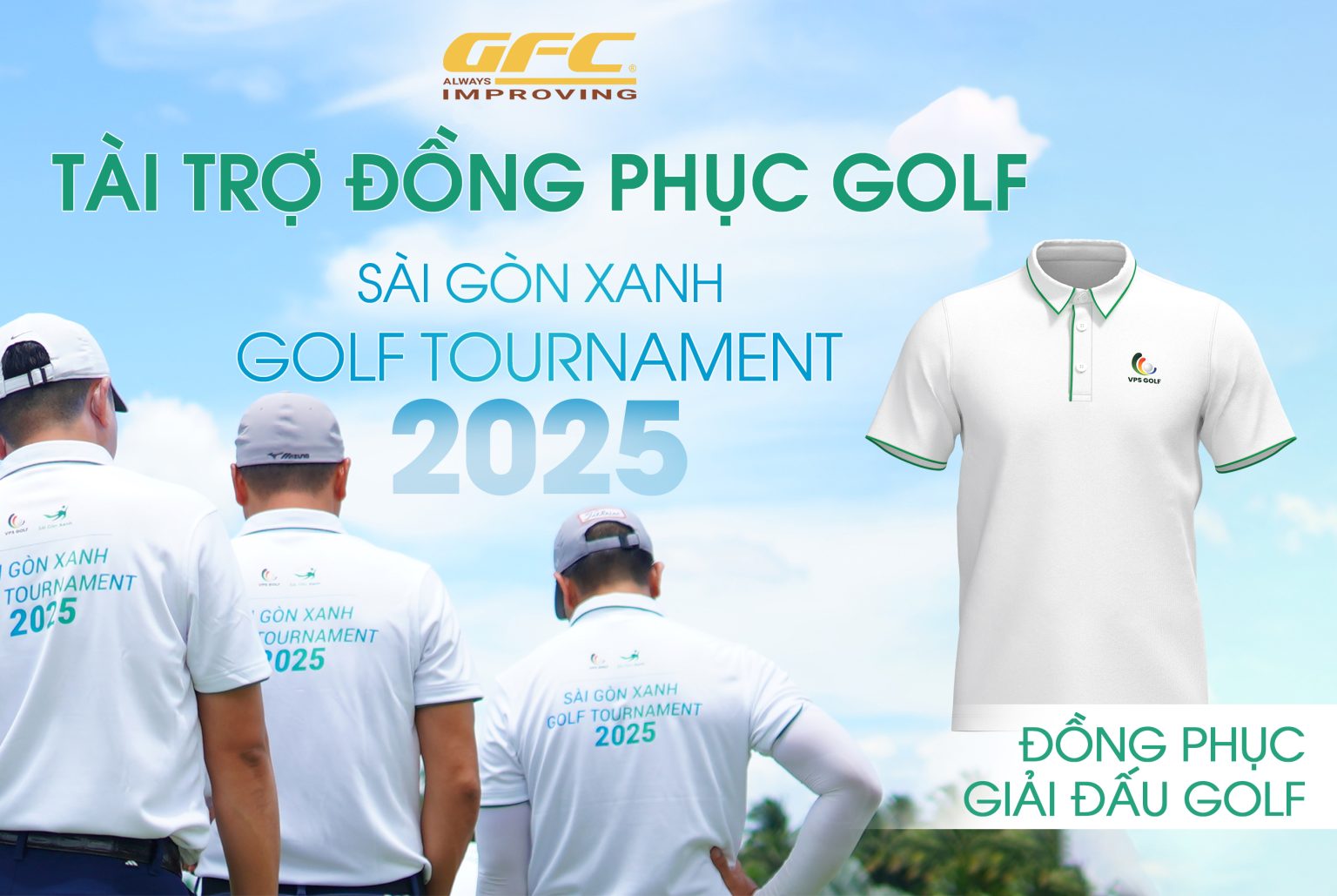GFC tài trợ đồng phục golf chính thức cho giải đấu Sài Gòn Xanh 2025 với thiết kế tối giản, vải cao cấp và logo thương hiệu sắc nét ở mặt trước.
